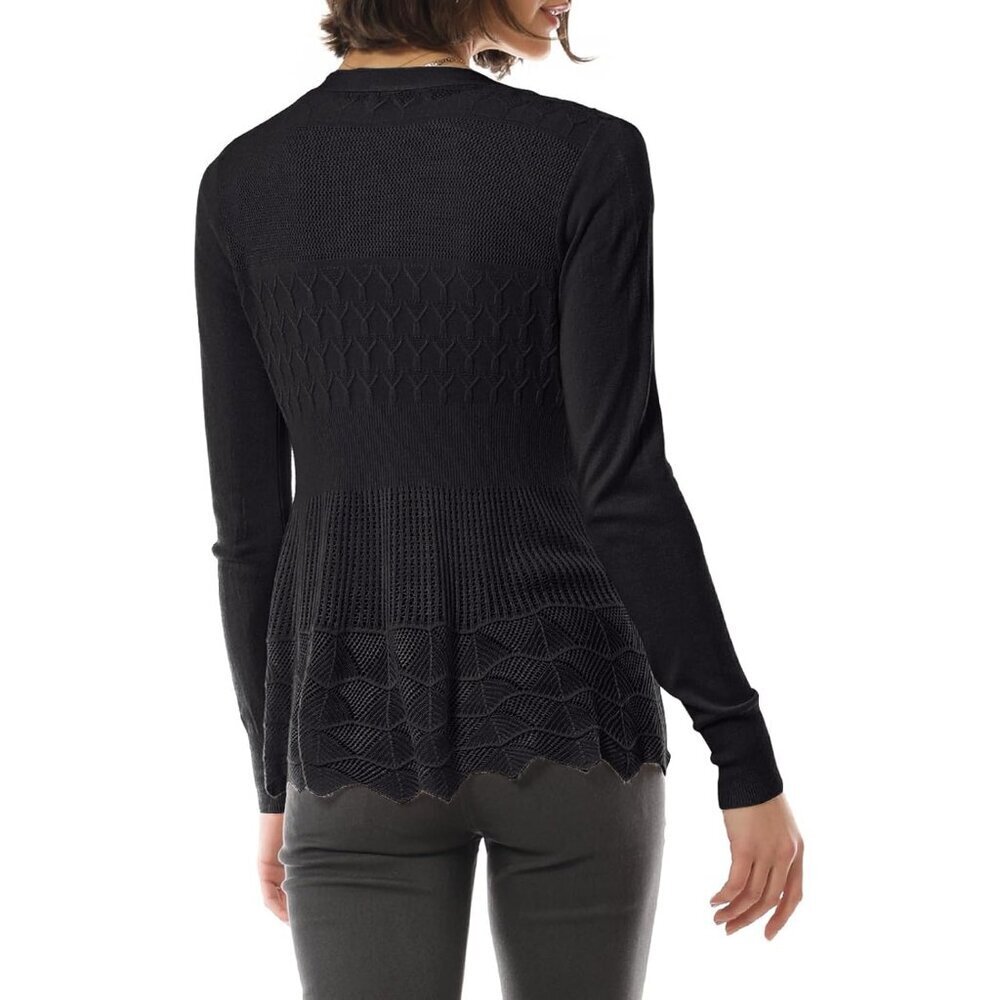 Women's Long Sleeve Crochet Knit Draped Open Cardigan Large Black - Picture 3 of 7